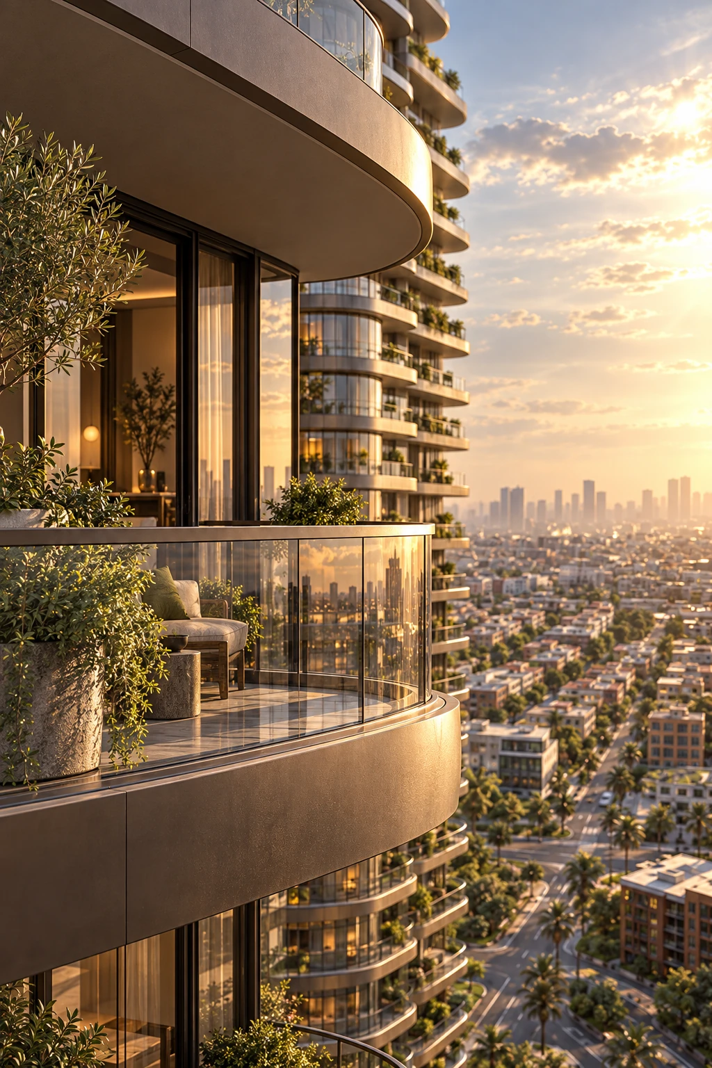 A planted balcony framing a view over the city at sunset.