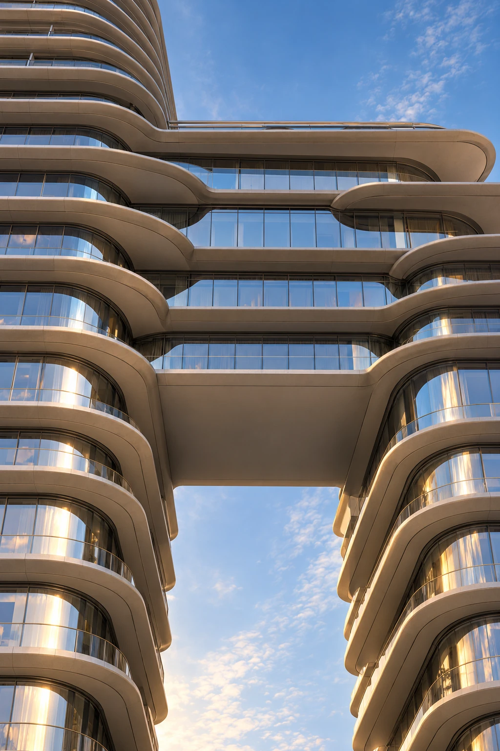 Looking up at the skybridge and the flowing lines connecting the two towers.