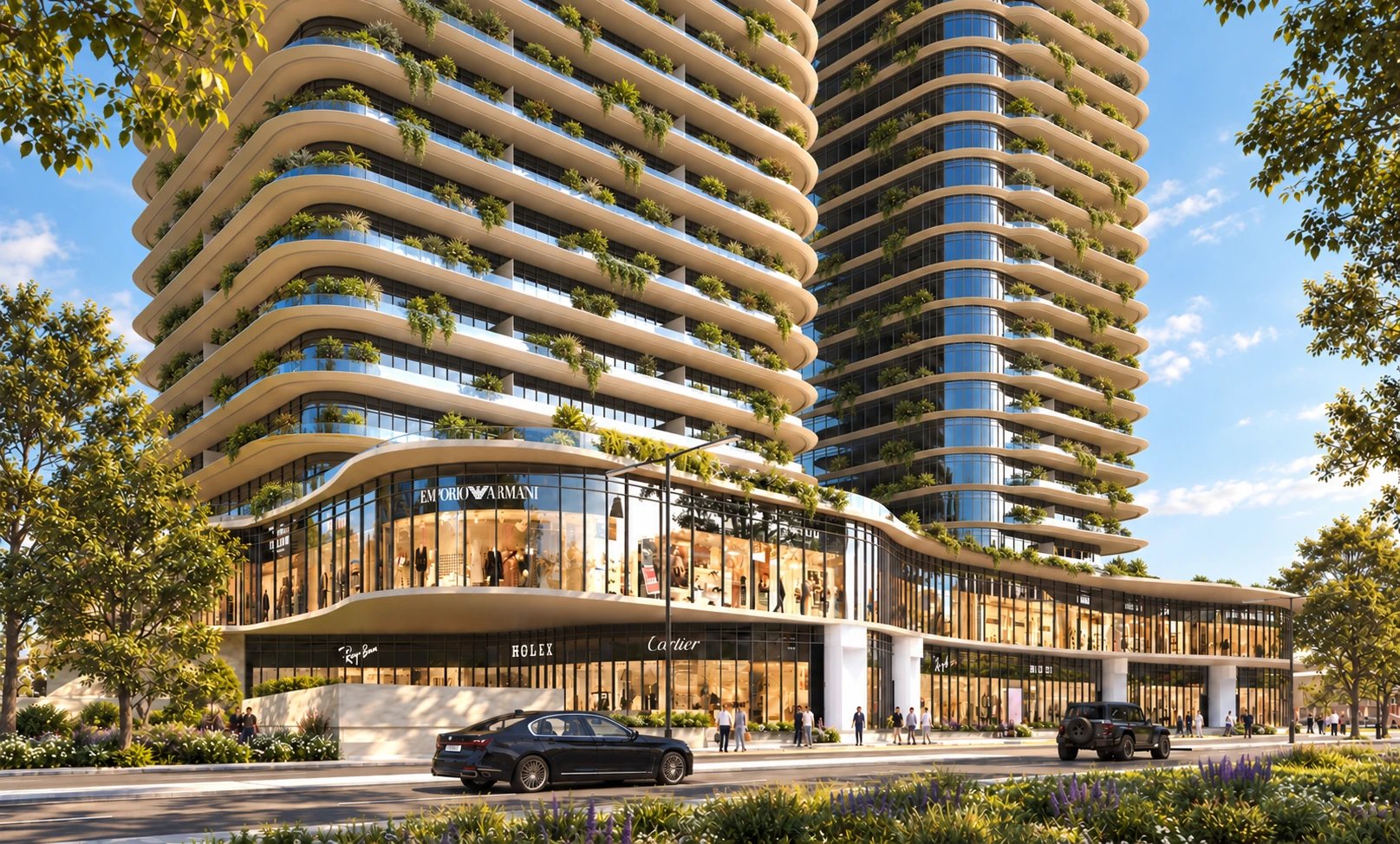 Exterior render showing Al-Turath Tower’s ground-level frontage and landscaped podium.